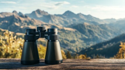 A pair of binoculars on a wooden table with a scenic mountain landscape in the background.