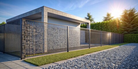 Fototapeta premium Modern home with a sleek black metal fence and stone wall