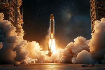 Rocket launch at night with plumes of smoke and bright flames illuminating the launch pad