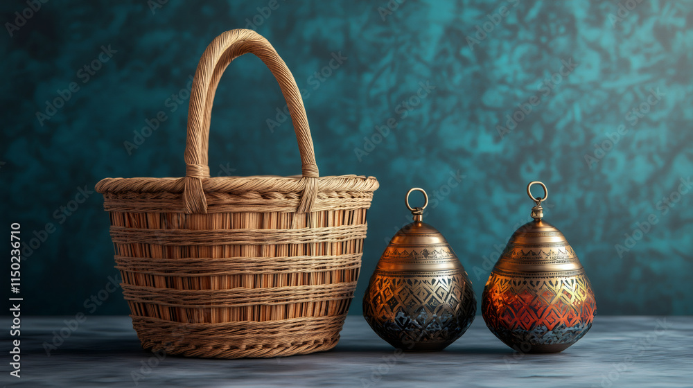 Poster empty wicker basket and two ornate metallic lanterns stand on a table against a teal backdrop, evoki