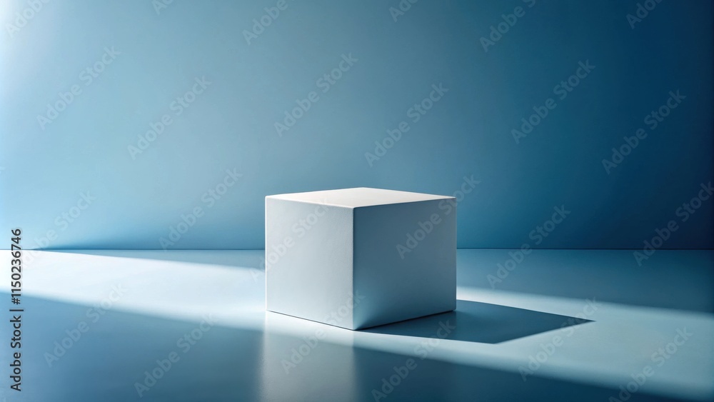 Poster A simple, minimalist cube on a light blue surface, bathed in soft sunlight creating a shadow.