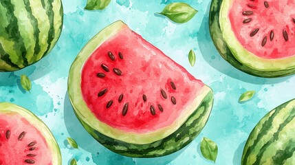 Watercolor Illustration of Juicy Watermelon Slices with Seeds and Leaves on a Vibrant Blue Background