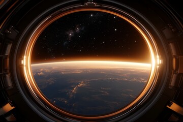 Fototapeta premium Stunning view of Earth from a spacecraft window at dawn showcasing the curvature of the planet and stars in the background