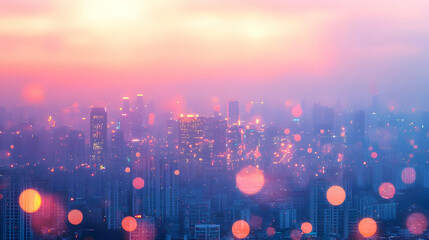 Fototapeta premium Abstract cityscape with data streams flowing through buildings concept as A soft abstract cityscape shows data streams flowing through buildings symbolizing information flow in smart cities. The bokeh