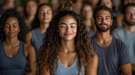 Obraz premium Candid Group Engaged in Guided Meditation with Copy Space for Branding