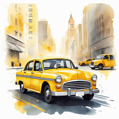 A classic yellow taxi cab drives down a city street, with tall buildings and a hazy watercolor effect creating a nostalgic atmosphere.