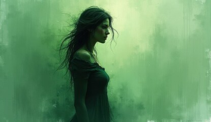 Fototapeta premium painting of a woman in a green dress standing in front of a green wall