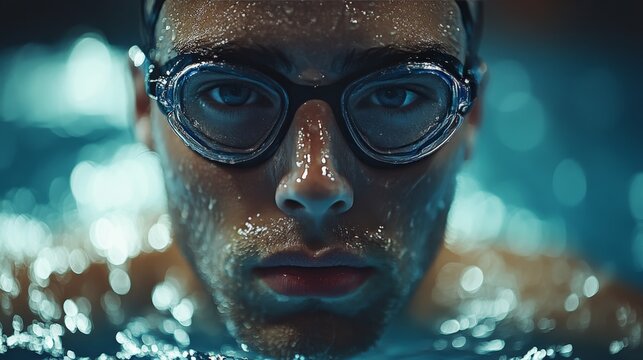 Competitive swimmer preparing for a race in a brightly lit indoor pool environment