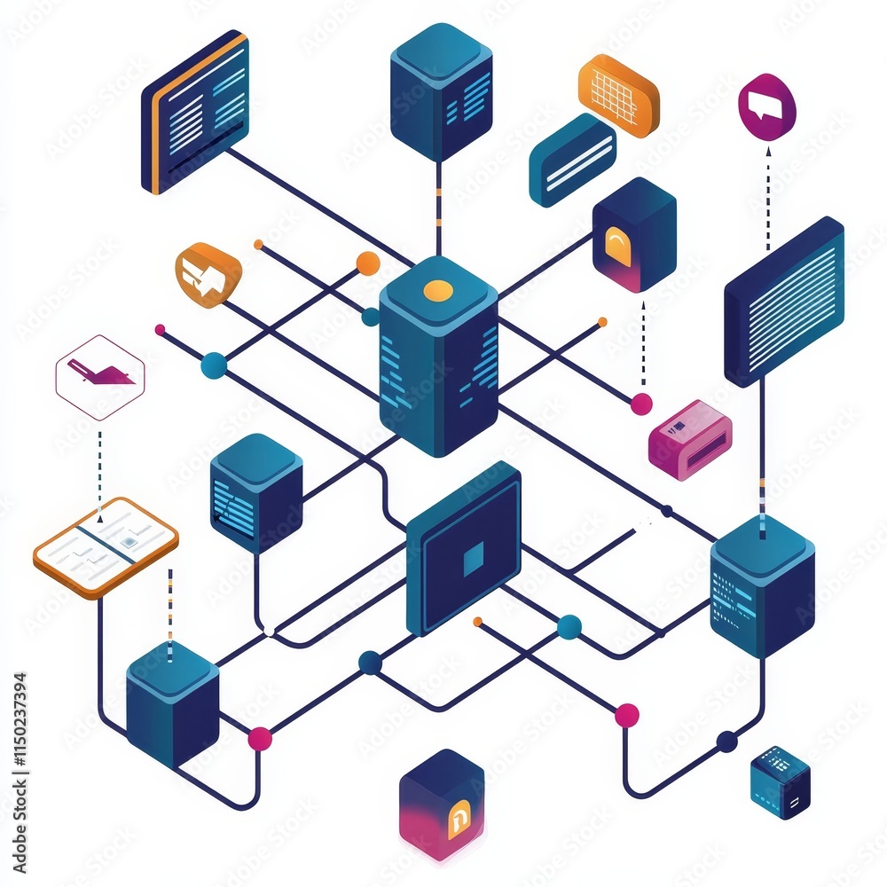 Poster data integration and visualization concept showcasing interconnected systems and information flow in