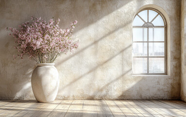Fototapeta premium Bright sunlit interior featuring a vase of flowers beside a window