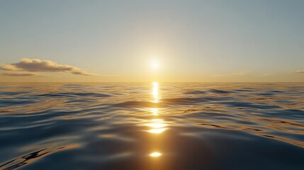 Fototapeta premium Golden Sunset Ocean Reflection - Serene sunset, sunlight reflecting on calm ocean water, evokes peace, tranquility, and hope. Nature's beauty, golden hour glow.