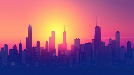 Fototapeta premium Vibrant City Skyline at Sunset with Colorful Sky and Beautiful Silhouette of Tall Buildings