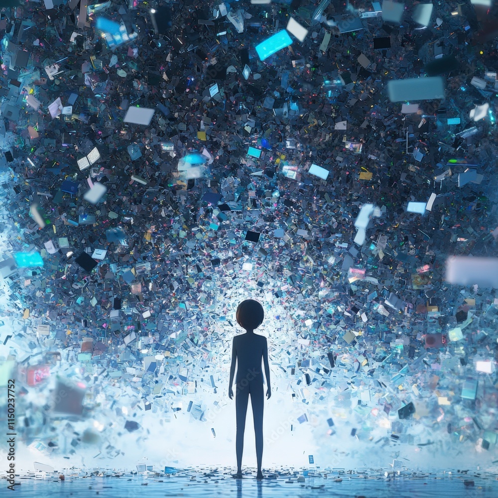 Poster digital character standing firm amidst a sea of data virtual environment digital art concept inspira