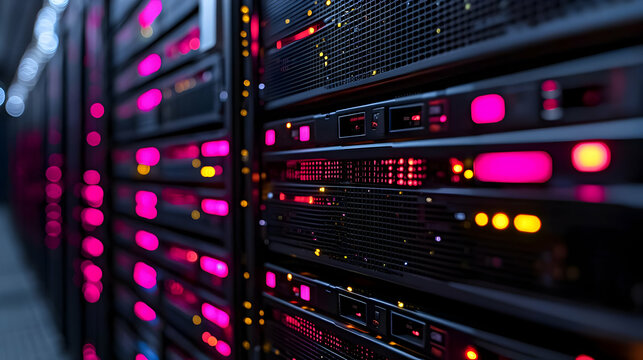 Macro Shot Secure Server Hardware Illuminated Indicators Copy Space Futuristic Data Center