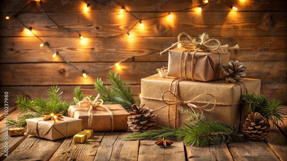 Poster rustic christmas gifts wrapped in kraft paper, adorned with twine and pine cones, arranged on a wood