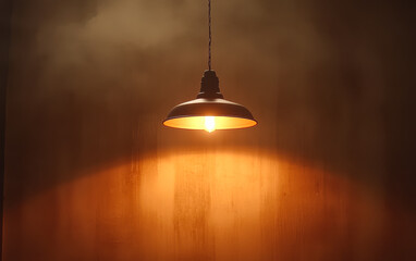 Obraz premium Warm light illuminates a rustic room with a vintage pendant lamp hanging from the ceiling