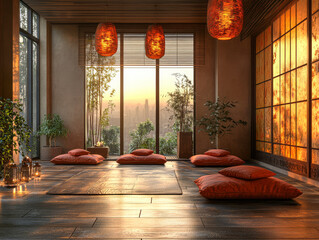 Serene interior of a cozy space with cushions and warm lighting during sunset