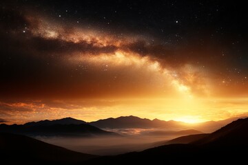 Fototapeta premium Stunning sunset over mountains with the milky way glowing in the sky