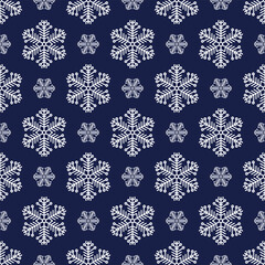 Snowflakes seamless pattern, detailed hand drawn vector line illustration. Graphic outline doodle drawing. Christmas and New Year background for frosty winter design, gift wrapping, packaging, textile