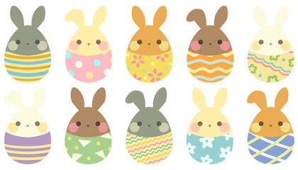 イースターバニーとイースターエッグのイラストセット ベクター素材