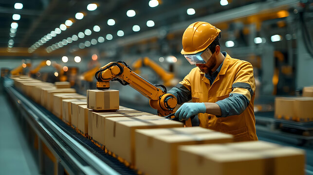 Candid Technician Operating AI-Powered Packaging Machine in Manufacturing Facility