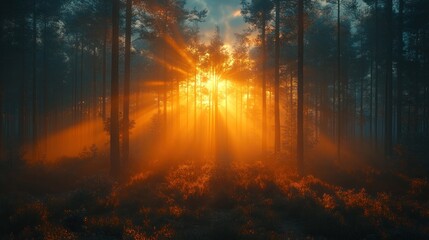 Fototapeta premium A serene forest scene with sunlight streaming through trees, creating a tranquil atmosphere.
