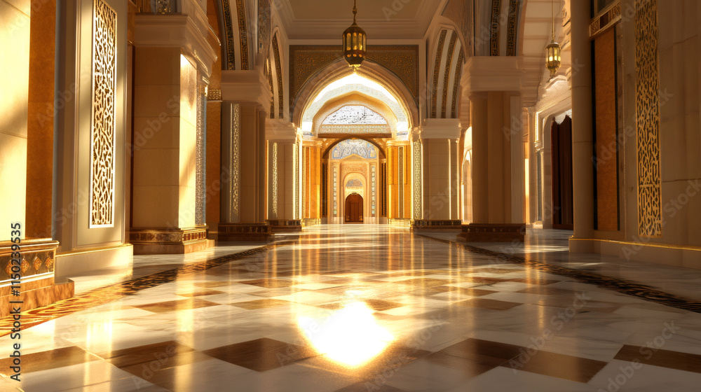 Poster sunlight reflecting on marble floor of elegant corridor with arches and golden decorations in a mosq