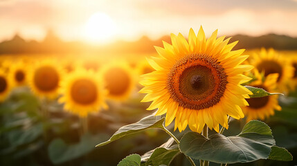 Fototapeta premium Vast Sunflower Fields Radiating Hope under Dreamy Sunrise Light with Copy Space