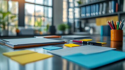 Glossy Modern Office Desk with Colorful Stationery for Creative Brainstorming Session