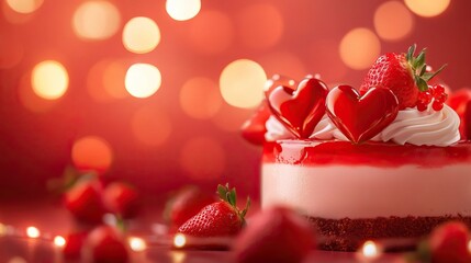 Fototapeta premium A romantic strawberry cake adorned with heart-shaped toppings, set against a dreamy bokeh background, perfect for celebrations.
