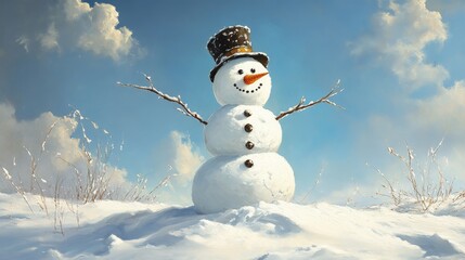 Obraz premium Happy Snowman in Winter Wonderland - Joyful snowman, winter landscape, snow, blue sky, winter fun. Symbolizes happiness, winter, holidays, childhood, and nature.