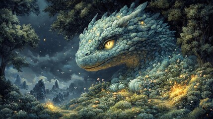 Stone dragon sleeps, glowing, in enchanted forest.