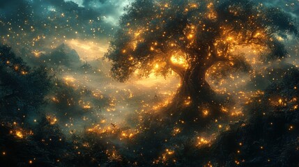 Enchanted forest, glowing tree, magical lights.