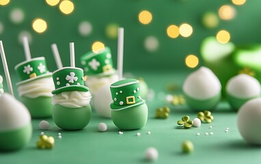 Festive green treats with hat designs, perfect for celebrations. Bright bokeh enhances the playful atmosphere.