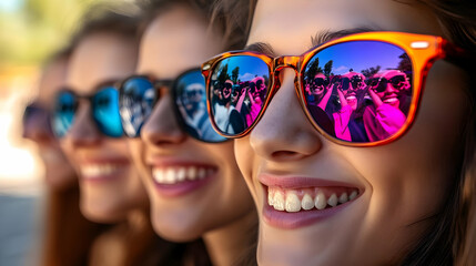 Joyful Friends Reflected in Sunglasses Close Up with Copy Space for Text or Branding