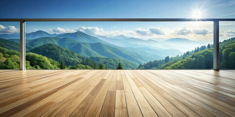 Fototapeta premium Serene mountain vista viewed from a spacious wooden deck balcony