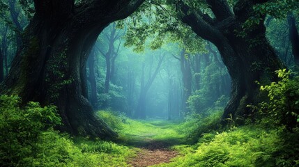A beautiful fairytale enchanted forest with big trees