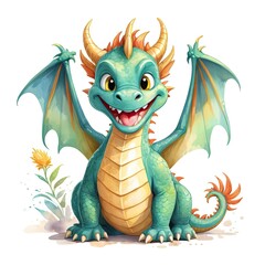 Fototapeta premium Adorable baby dragon with teal scales and orange horns, sitting happily with its wings outstretched. A whimsical illustration perfect for children's books or fantasy-themed projects.