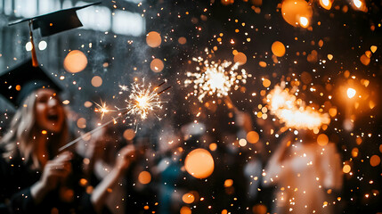 Obraz premium Graduates throwing caps with confetti and sparklers copy space on side. concept as Excited graduates throwing their caps into the air with confetti and sparklers symbolizing achievement and celebratio