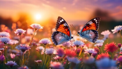 Obraz premium Sunset Serenity Butterflies on Flowers Nature Spring