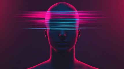 Obraz premium A surreal depiction of a figure with a blurred face, illuminated by vibrant pink and blue lights, evoking themes of identity and digital abstraction.