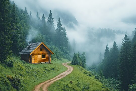 A small cabin is on a path in the woods