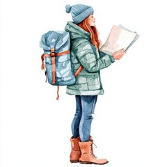 Adventurous Woman Traveler with Backpack Map Winter Hiking Trip