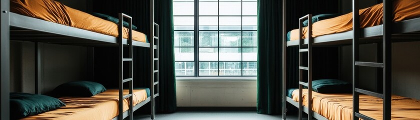 Fototapeta premium Cozy and modern hostel room with bunk beds and large window.