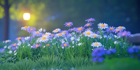 Fototapeta premium Vibrant Flower Garden at Sunset with Colorful Blooms and Soft Light