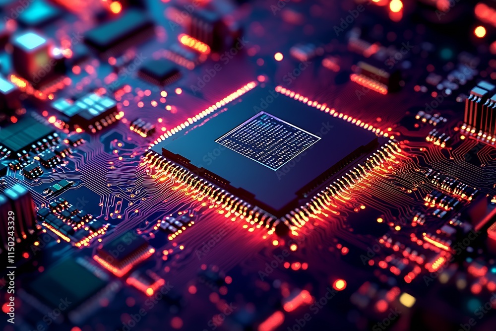 Aufkleber Futuristic glowing circuit board with microchip in vibrant digital technology atmosphere : Generative AI