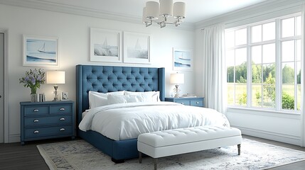 Elegant Blue and White Bedroom Interior With Natural Light and Decorative Details : Generative AI