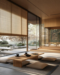 Elegant Japanese tea room featuring tatami mats and natural light during sunset