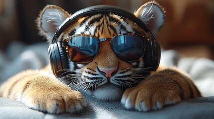 Cute tiger cub wearing headphones and sunglasses, resting on a blanket.