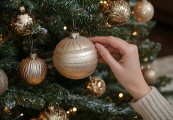 Decorating a Christmas tree with golden ornaments and festive spirit during the holiday season